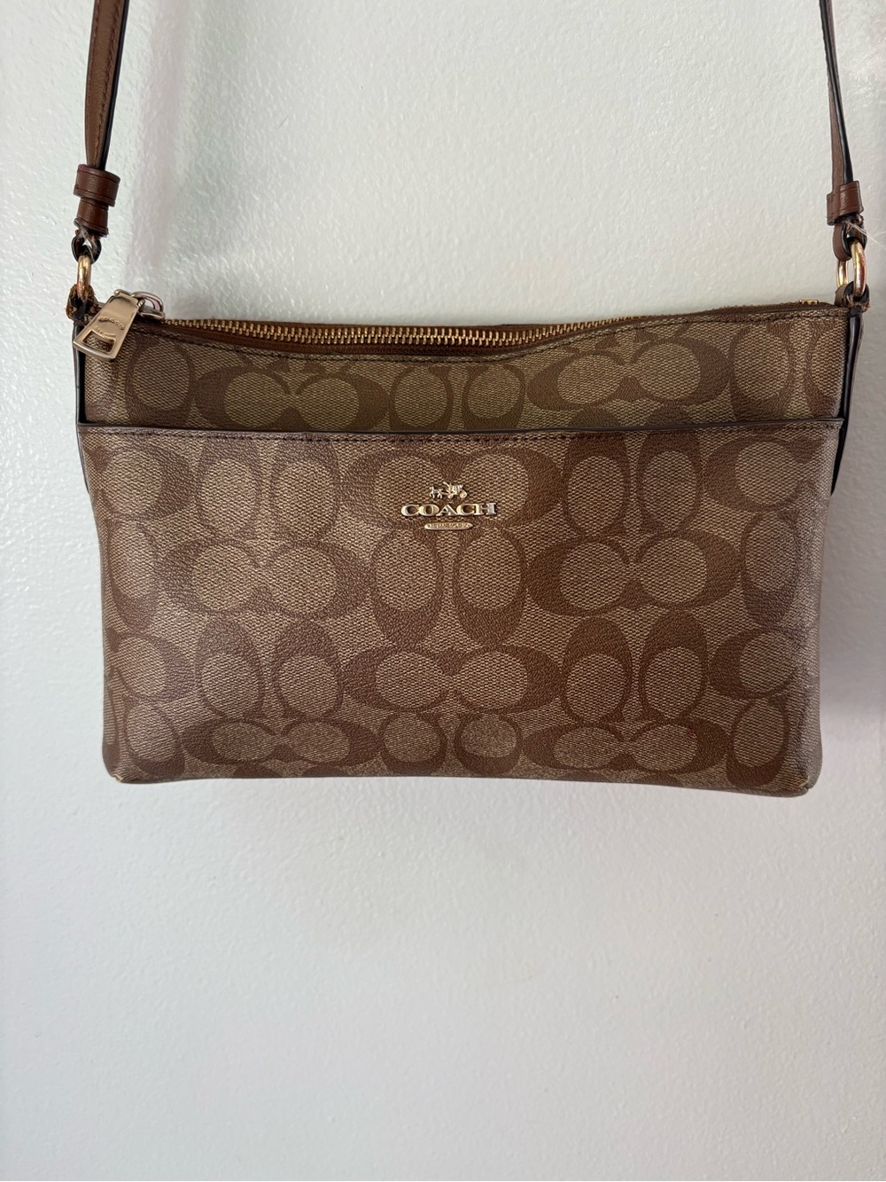 COACH Brown Signature Canvas Crossbody with Gold Logo